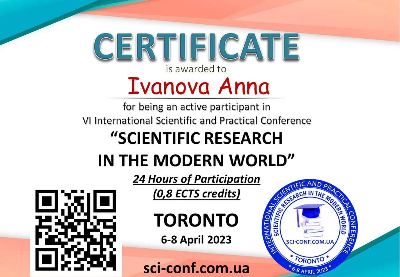 获得了第六届国际科学实践会议《现代世界中的科学研究》(SCIENTIFIC RESEARCH IN THE MODERN WORLD)的参与证书 获得了第六届国际科学实践会议《现代世界中的科学研究》(SCIENTIFIC RESEARCH IN THE MODERN WORLD)的参与证书
